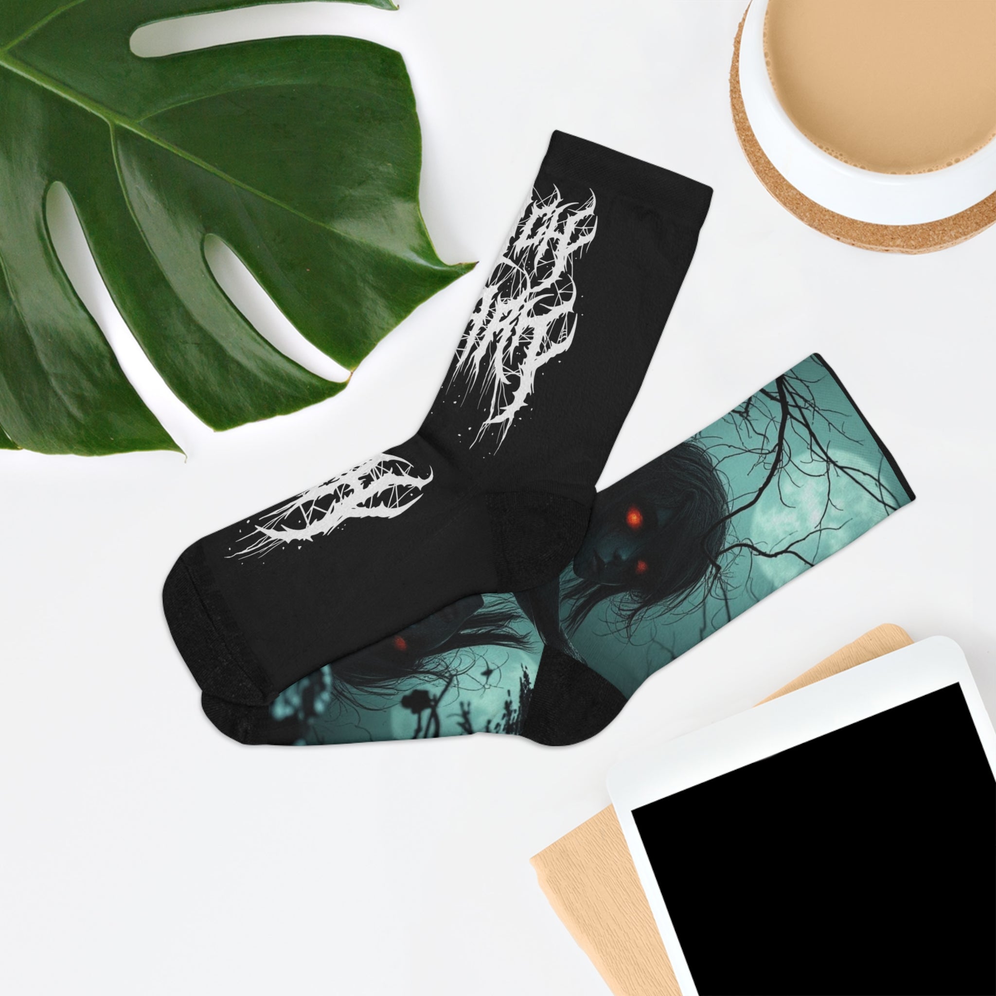 Creepy Forest Crew Socks — Demon Figure & ‘Wild Death’ Band Logo