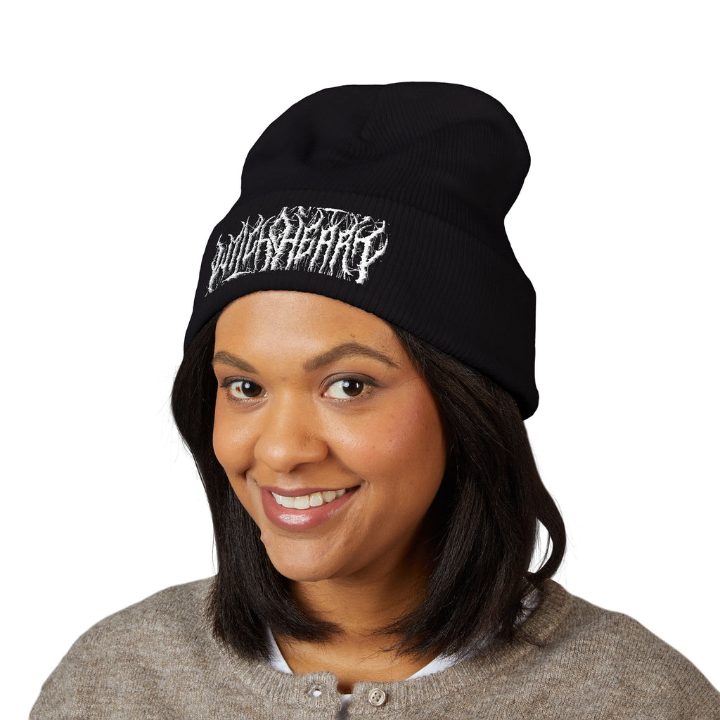 Embroidered Black Cuffed Beanie — Gothic Band Logo Knit Hat