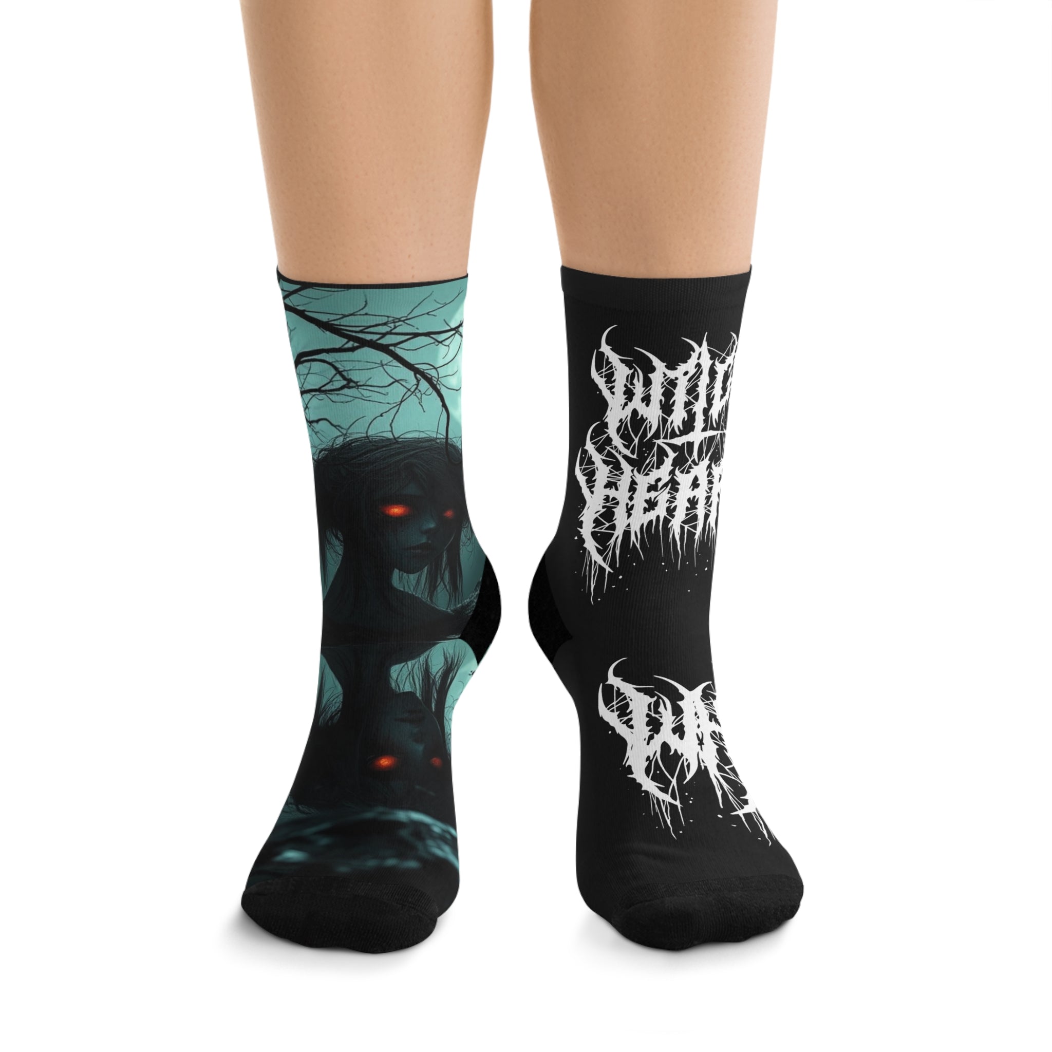 Creepy Forest Crew Socks — Demon Figure & ‘Wild Death’ Band Logo