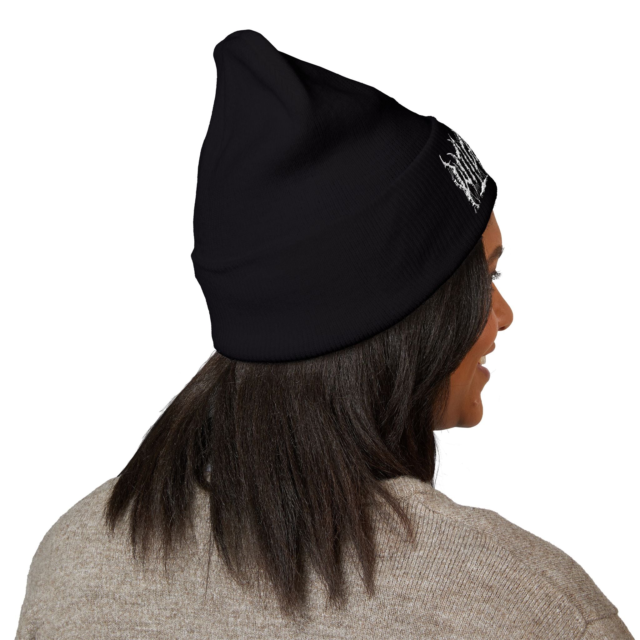 Embroidered Black Cuffed Beanie — Gothic Band Logo Knit Hat