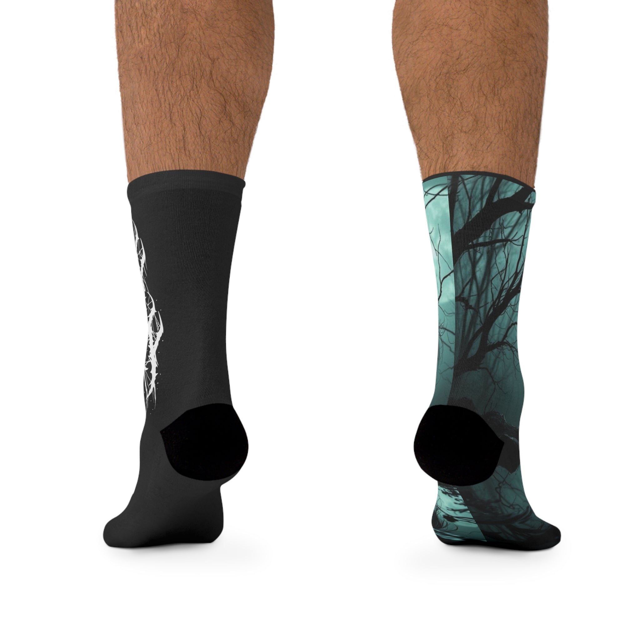 Creepy Forest Crew Socks — Demon Figure & ‘Wild Death’ Band Logo