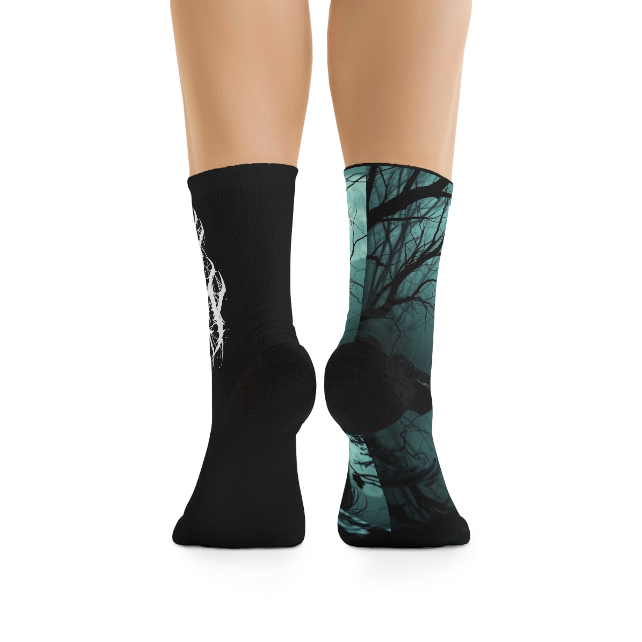 Creepy Forest Crew Socks — Demon Figure & ‘Wild Death’ Band Logo