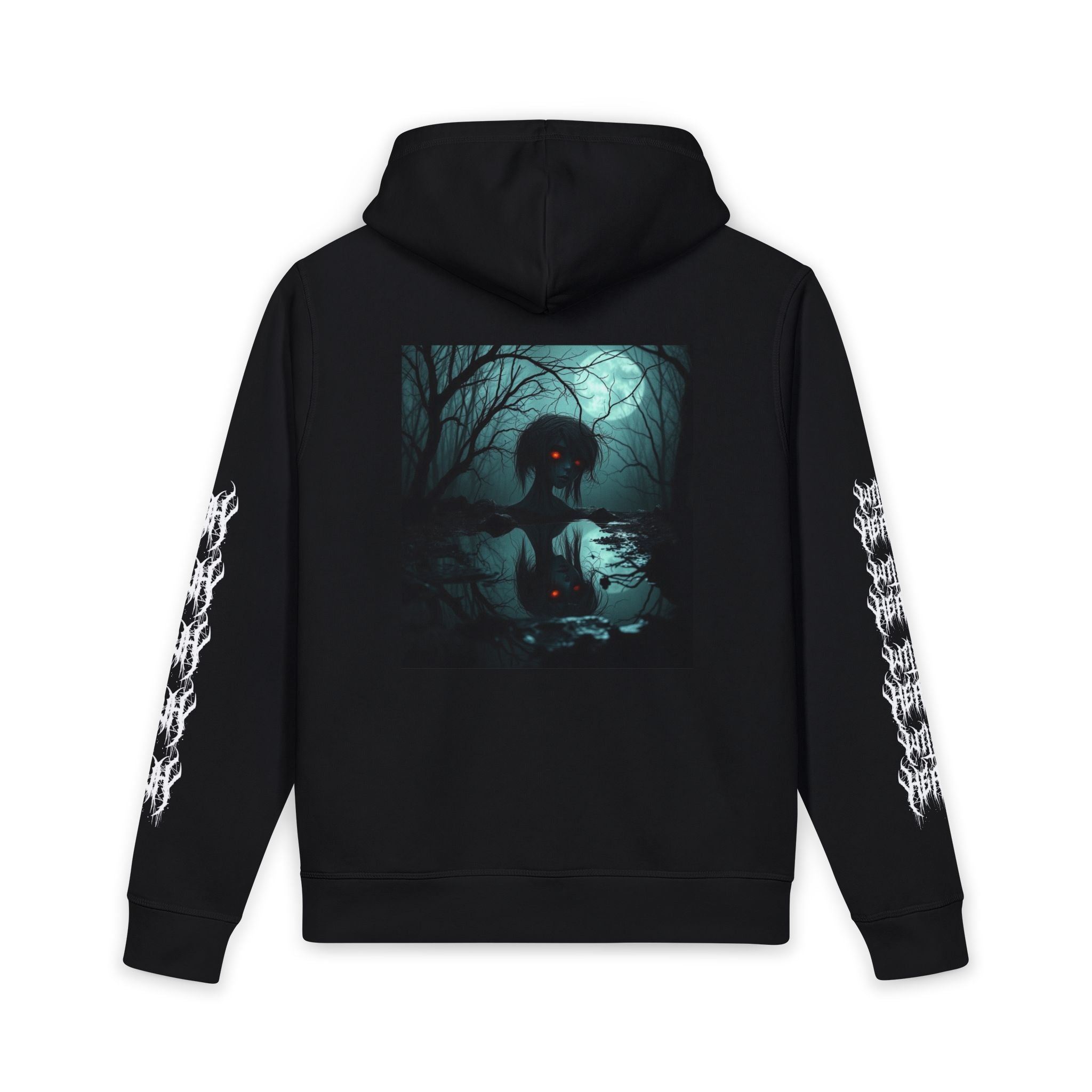 Horror Graphic Hoodie — Demonic Forest Design with Sleeve Sigils