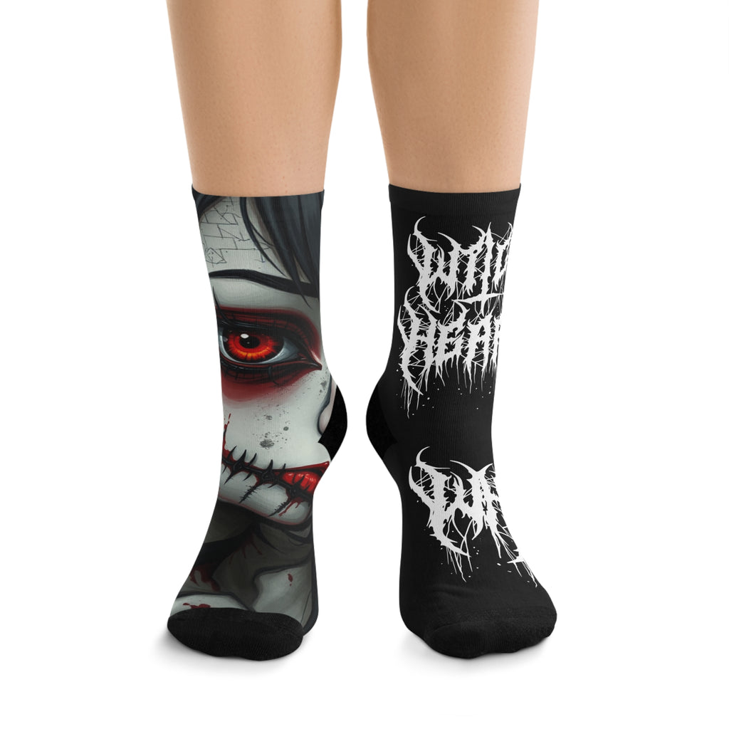Gothic Red-Eye Skull Crew Socks — 'With Death' Band Logo