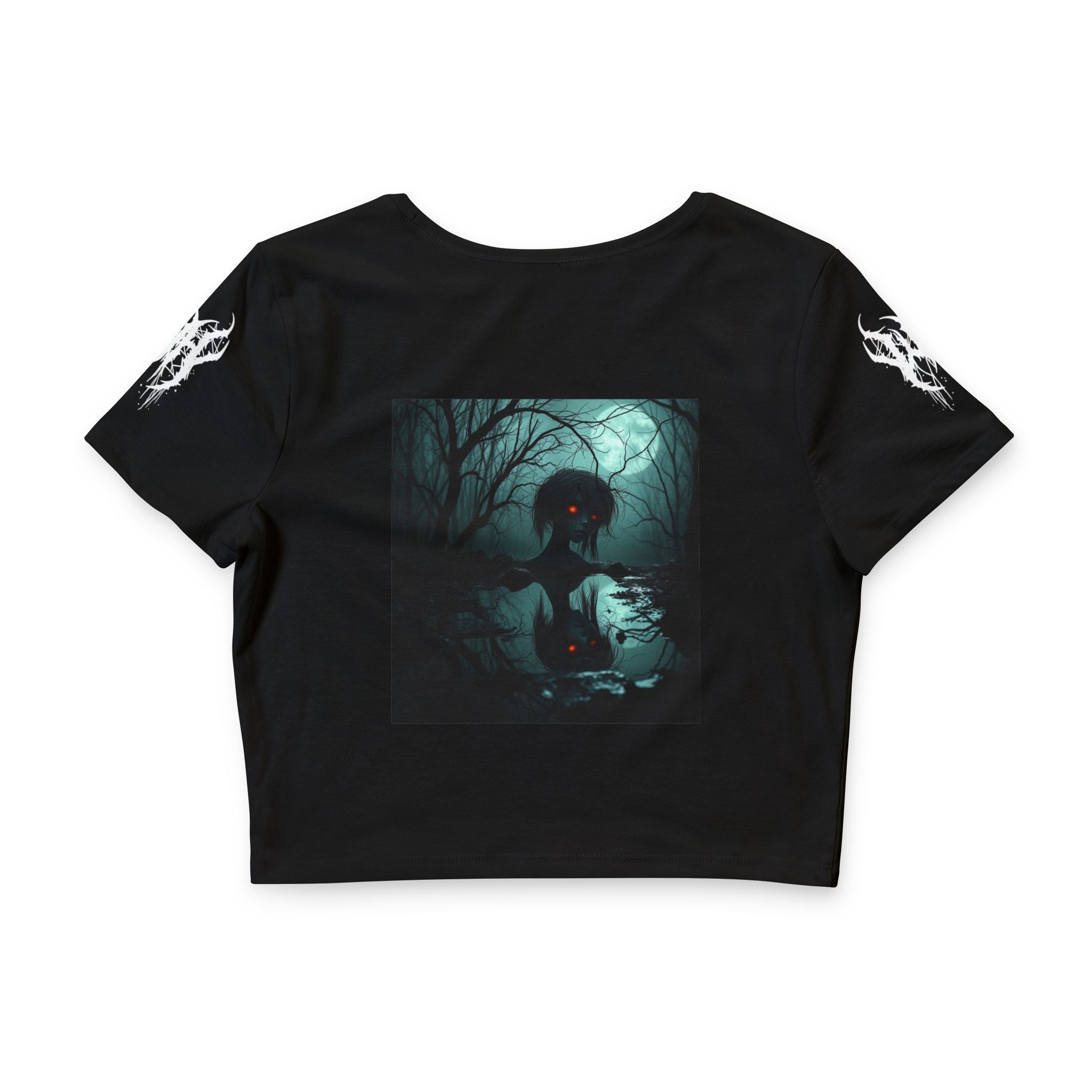 Gothic Moonlight Crop Tee — Haunted Reflection Graphic