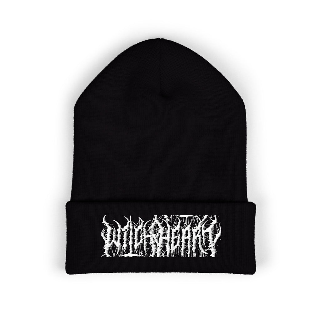 Embroidered Black Cuffed Beanie — Gothic Band Logo Knit Hat