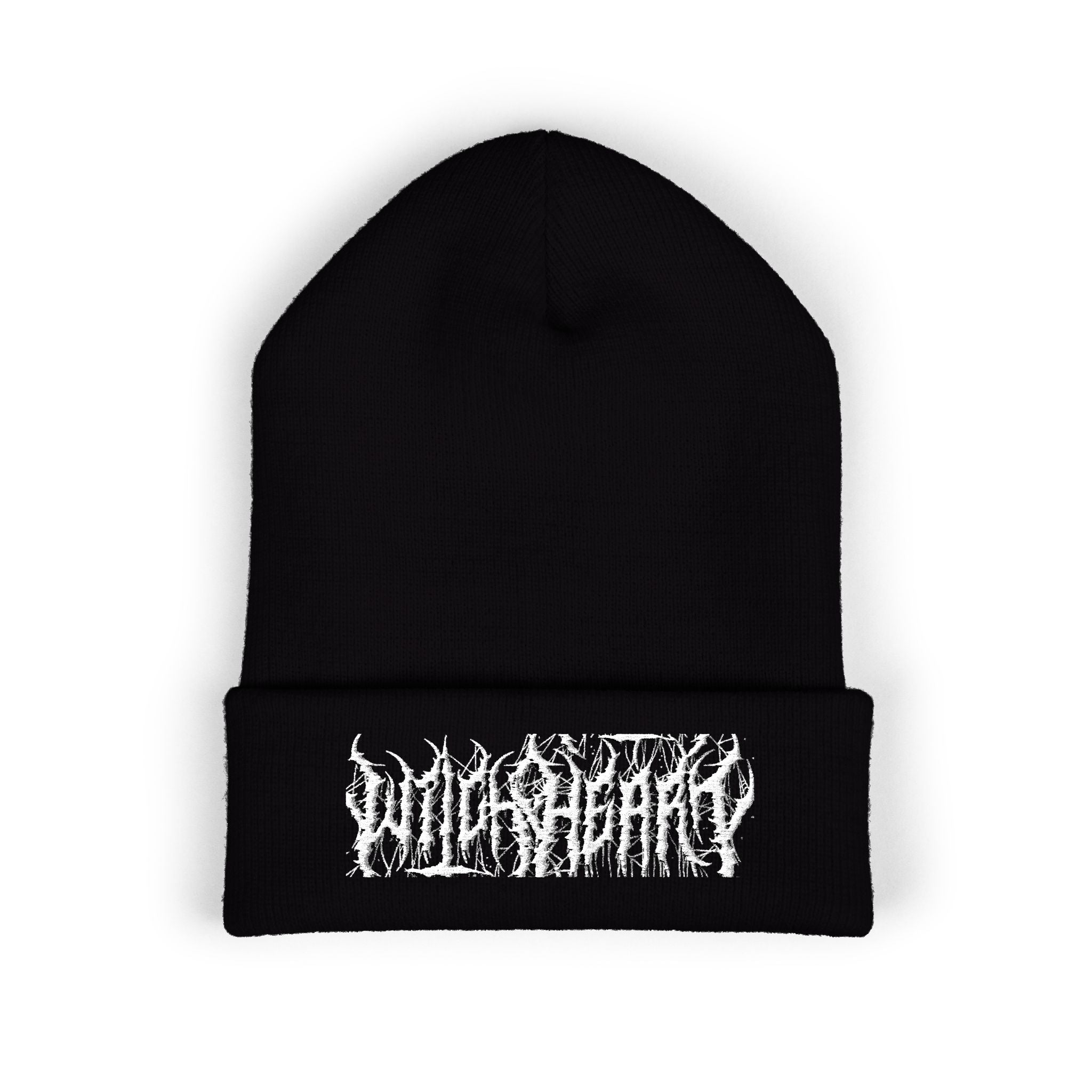 Embroidered Black Cuffed Beanie — Gothic Band Logo Knit Hat