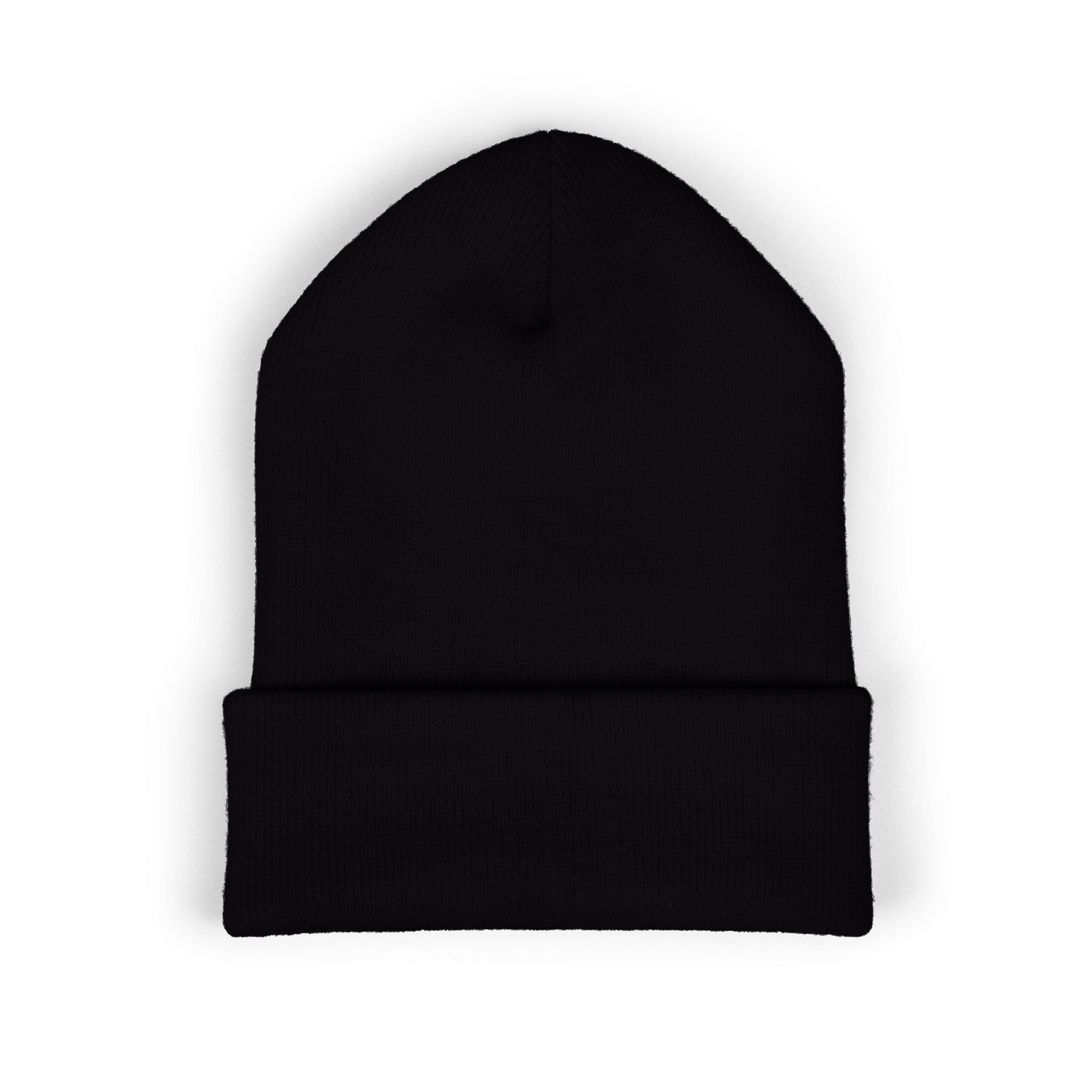Embroidered Black Cuffed Beanie — Gothic Band Logo Knit Hat