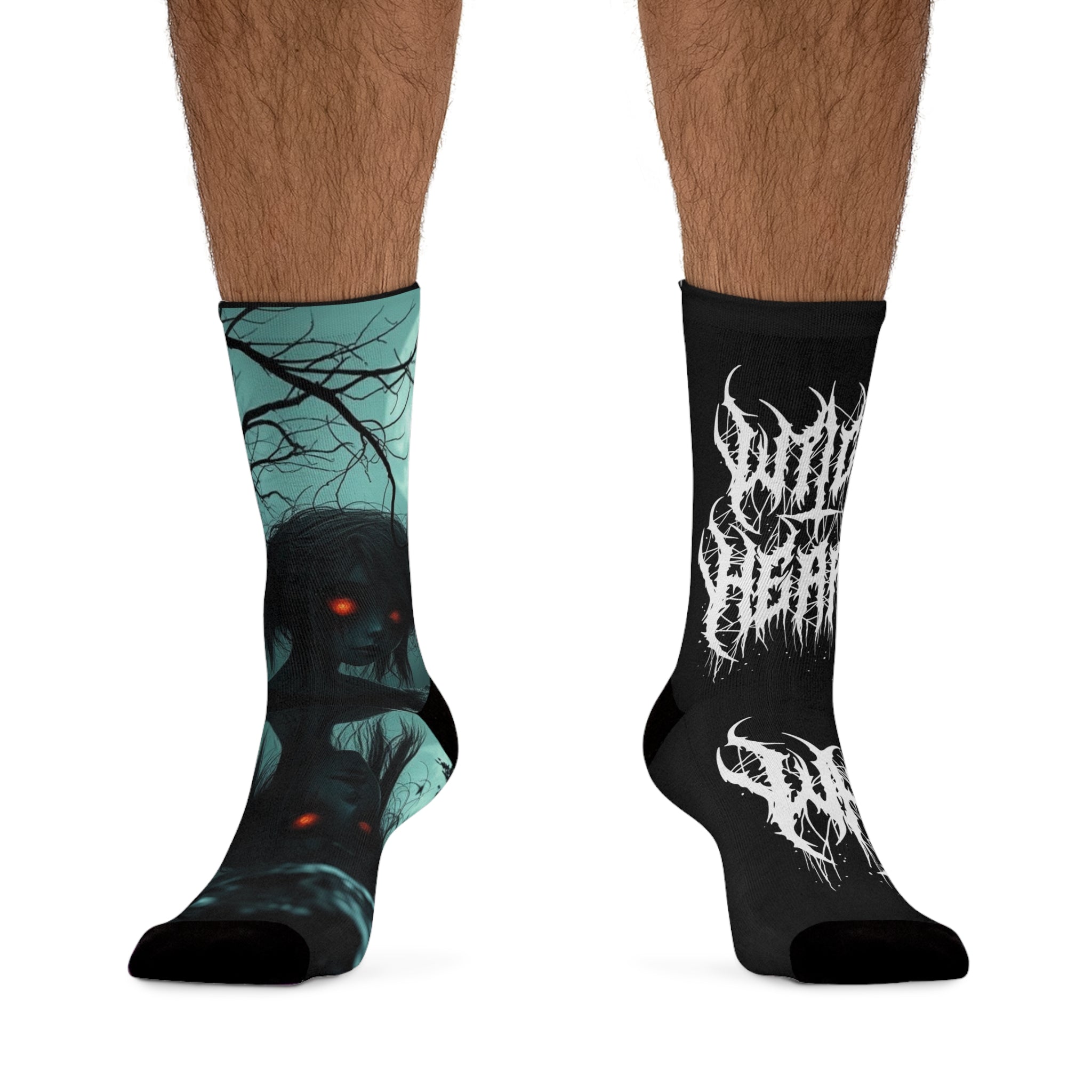 Creepy Forest Crew Socks — Demon Figure & ‘Wild Death’ Band Logo