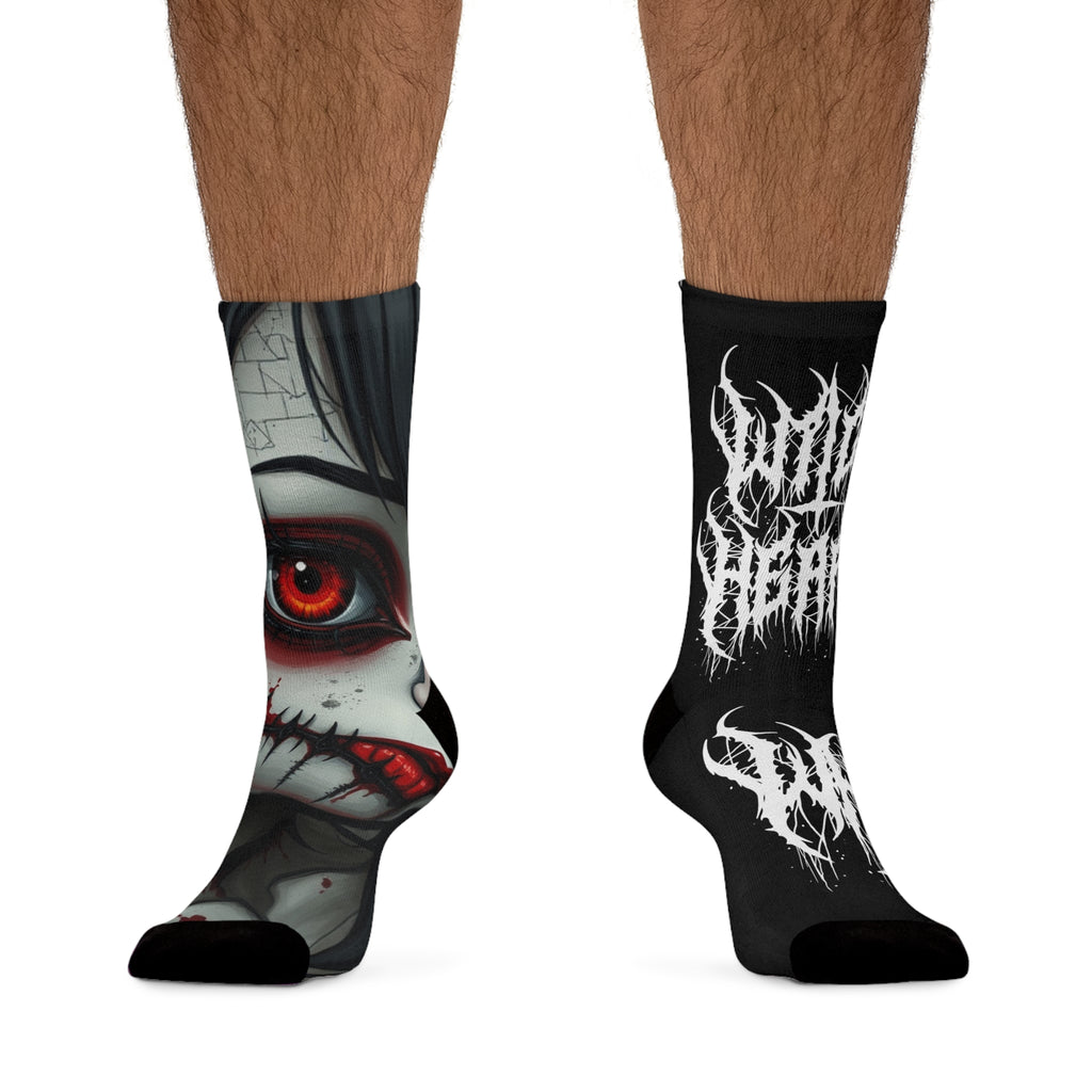 Gothic Red-Eye Skull Crew Socks — 'With Death' Band Logo