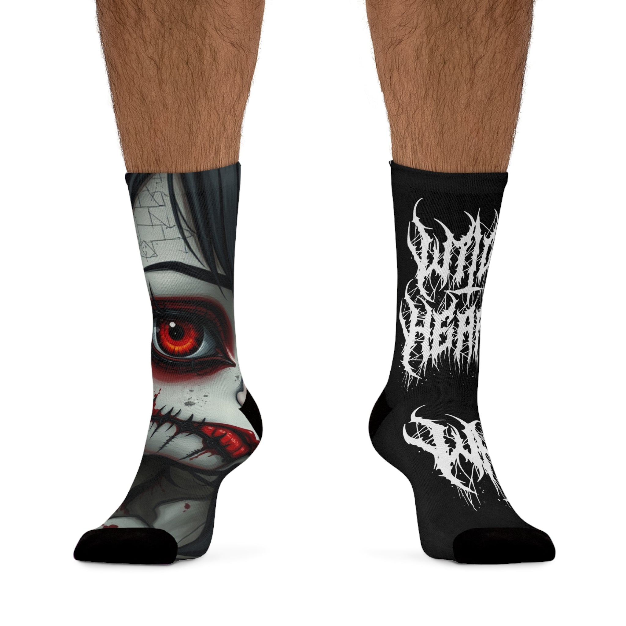 Gothic Red-Eye Skull Crew Socks — 'With Death' Band Logo