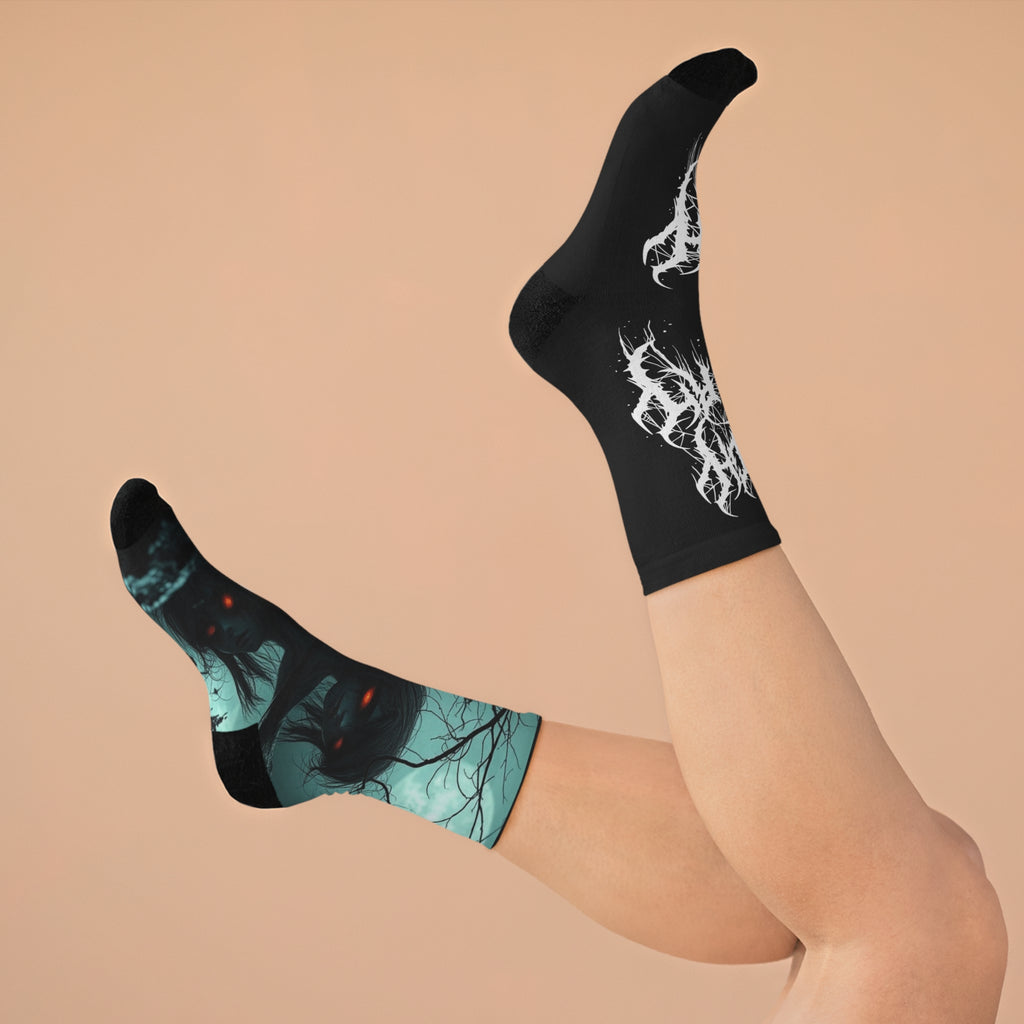 Creepy Forest Crew Socks — Demon Figure & ‘Wild Death’ Band Logo